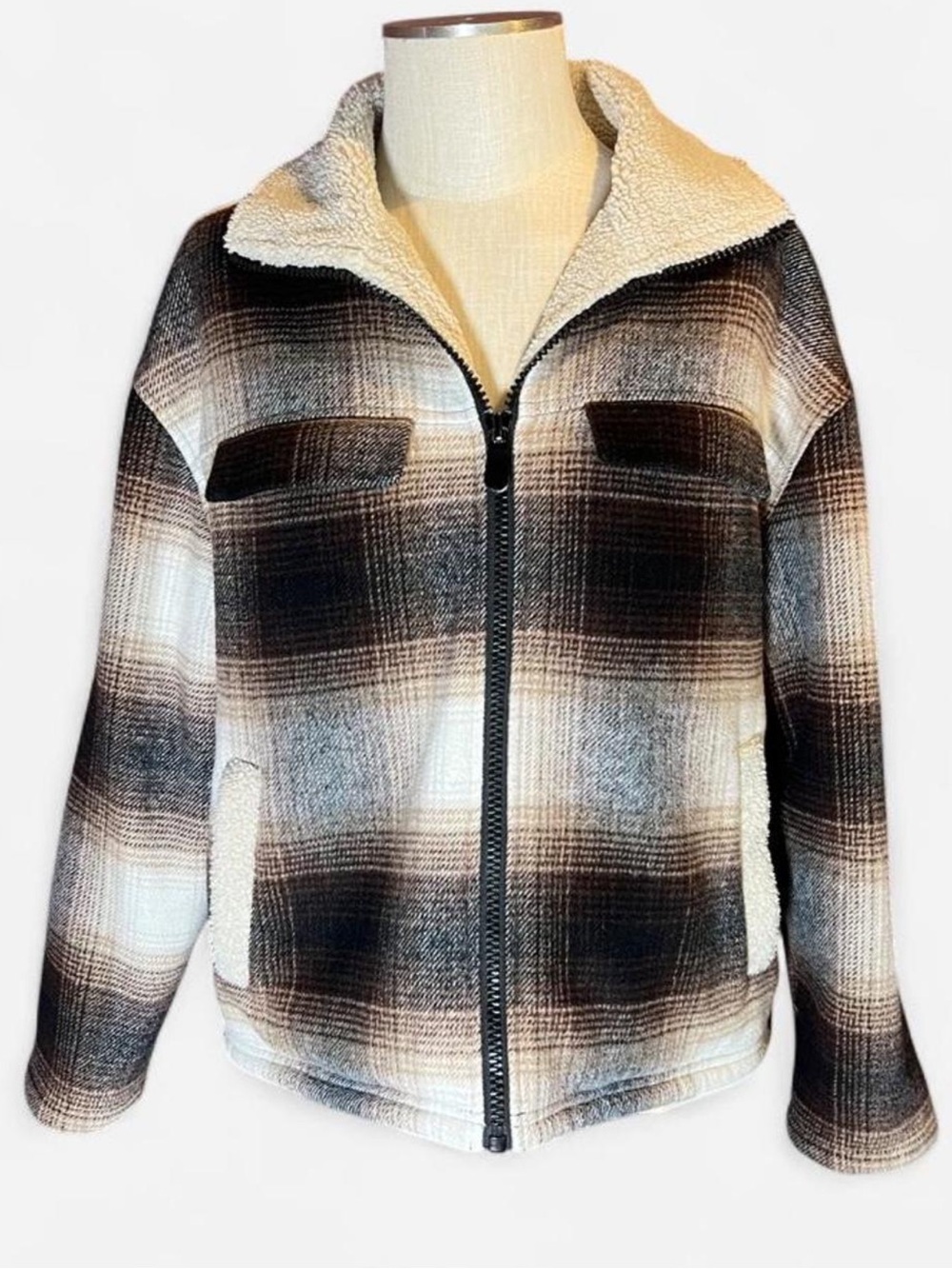 🤎Flag & Anthem Sherpa Lined Flannel Jacket Brown Plaid Wool-Blend Shacket